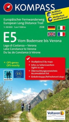 Kompass Wander-Tourenkarte E5, Vom Bodensee bis Verona. E5, Lago di Costanza - Verona. E5, Lake Constance to Verona; E5, Du lac de Constance à Vérone