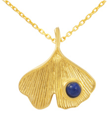 Kette + Ginkoanhänger in 925- silber/ gold plattiert mit Lapislazuli