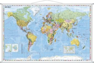 Stiefel Wandkarte Kleinformat Weltkarte politisch mit Flaggenrand, deutschsprachig, mit Metallstäben