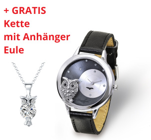 Damenuhr Eule + GRATIS Kette mit Anhänger Eule