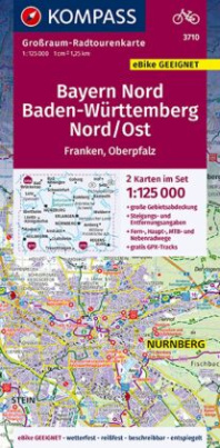 KOMPASS Großraum-Radtourenkarte 3710, Bayern Nord, Baden-Württemberg Nord/Ost, 1:125000